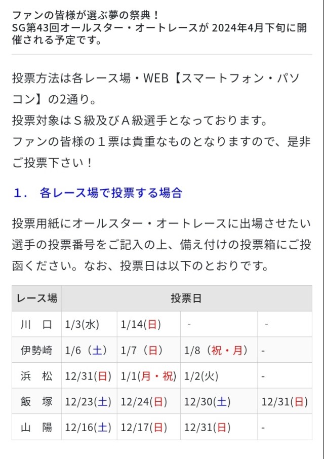 みんなでオートレース予想 | オートレースからのページより 拾って、オールスターファン投票 推し活には必見かも